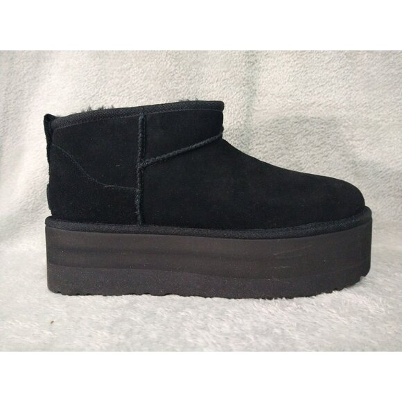 UGG Boots Womens 9 Black Suede Fur Classic Ultra Mini Platform Ankle Box - Picture 3 of 11
